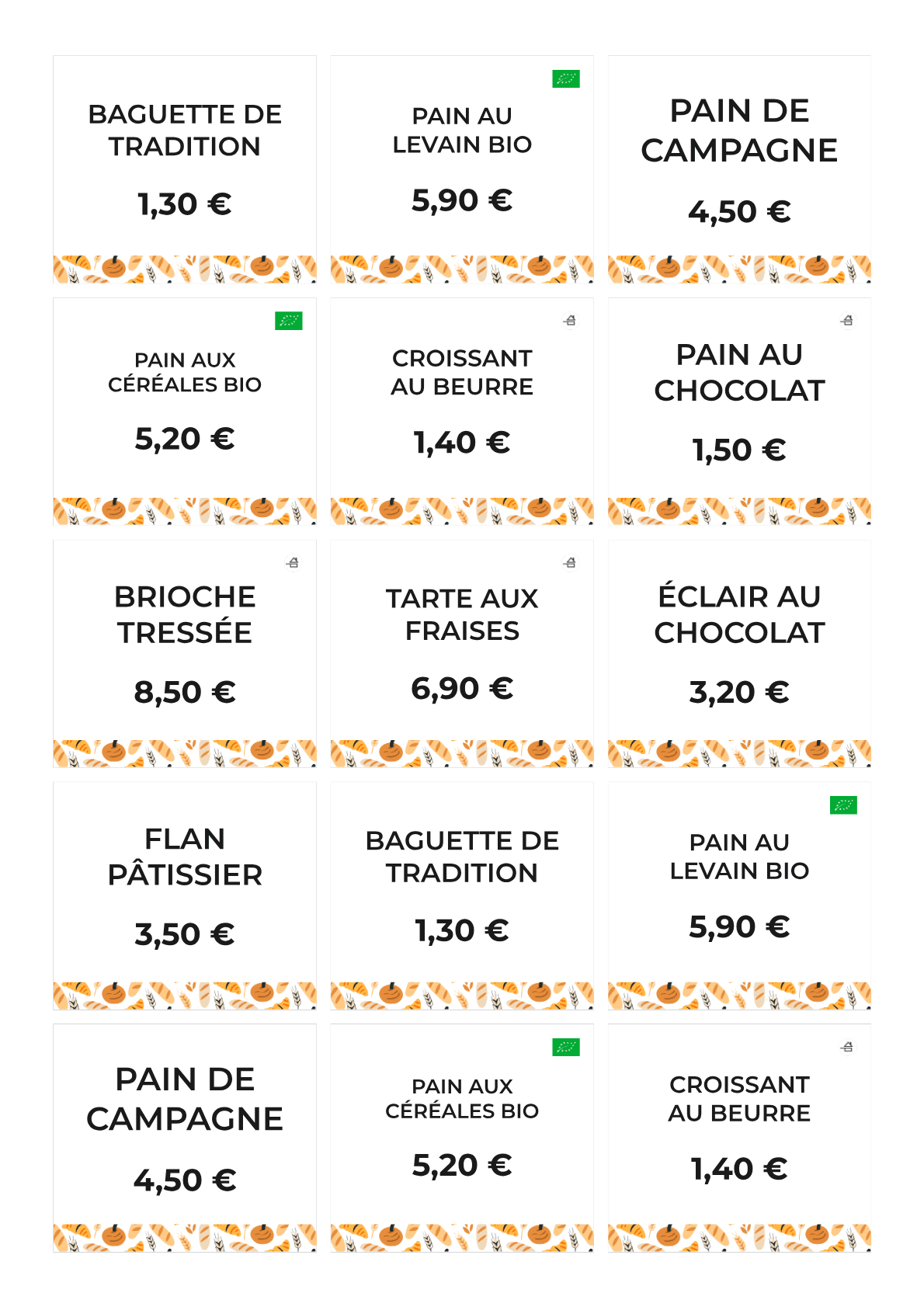Planche d'étiquettes boulangerie — pains, viennoiseries, mention Bio et fait maison