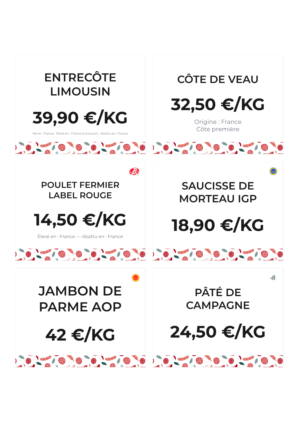 Planche d'étiquettes boucherie & charcuterie — origine détaillée, Label Rouge, IGP Morteau, AOP Parme
