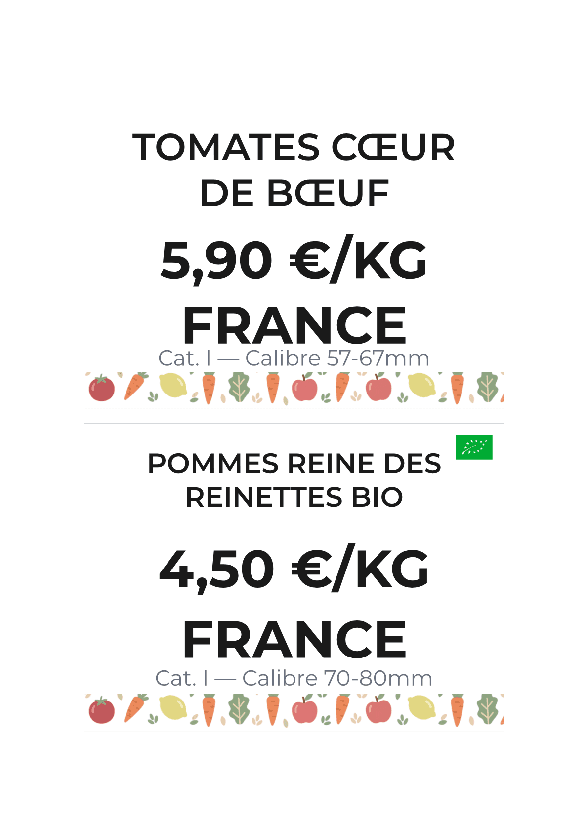 Planche pique-prix primeur — variété, calibre, origine France, Bio