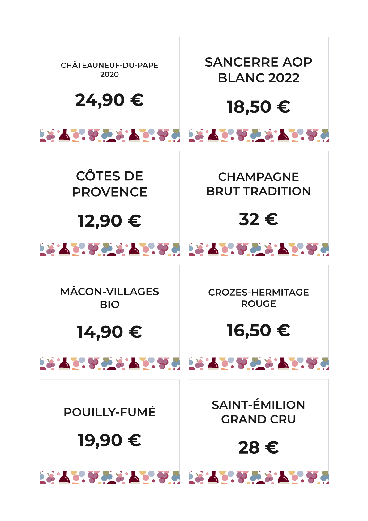 Planche d'étiquettes cave — neuf vins AOP français en format vitrine