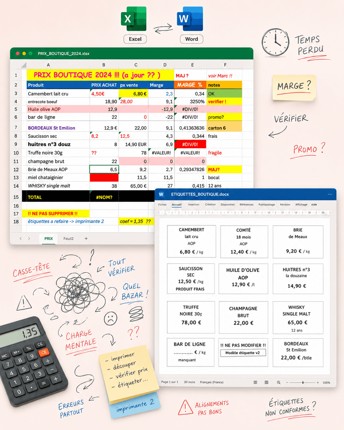 Tableau Excel et planche d'étiquettes Word désorganisés : formules cassées, prix manquants, post-its manuscrits, charge mentale